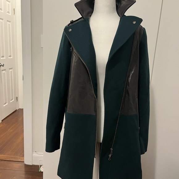 GREEN 60% WOOL - MIXED MATERIAL STYLE WOOL COAT WITH PLEATHER & ZIP DETAIL - Picture 3 of 9